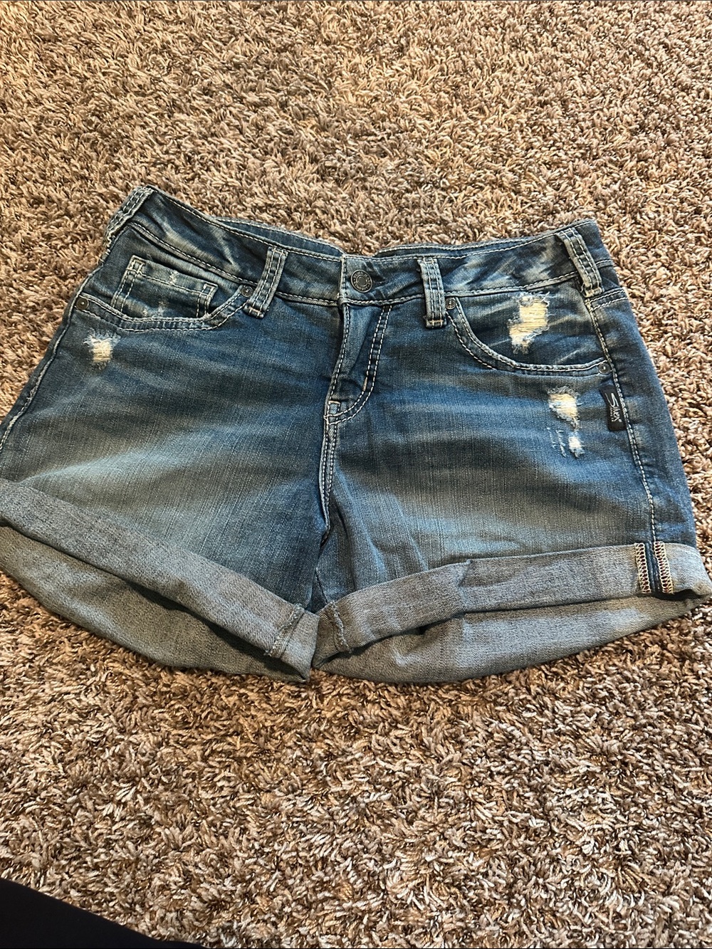 Silver Jeans Distressed Rolled Hem Denim Shorts - Blue